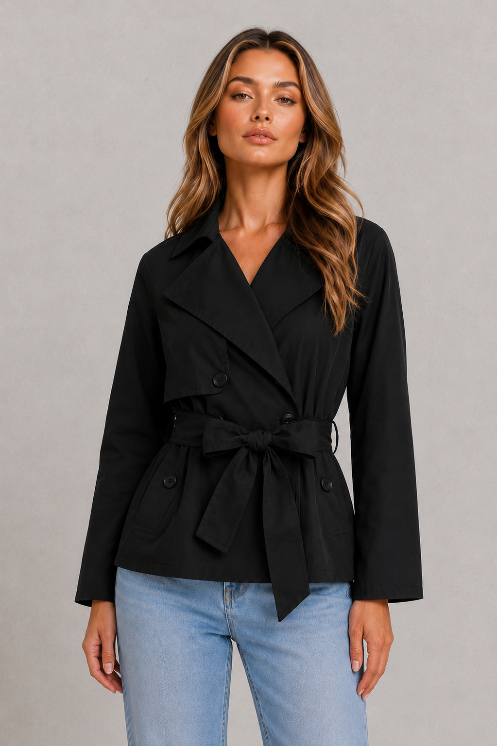 Women’s cropped trench jacket with a double-breasted front, structured lapel collar, storm flap and adjustable self-tie waist belt.