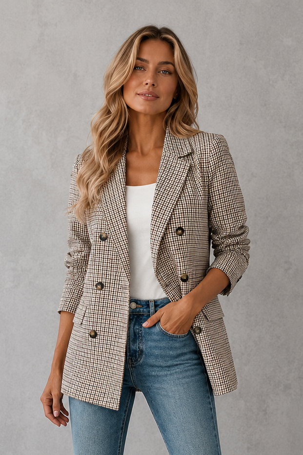 Women’s double-breasted plaid blazer with a classic check pattern, structured lapel collar, long sleeves, button-front closure, and tailored silhouette.