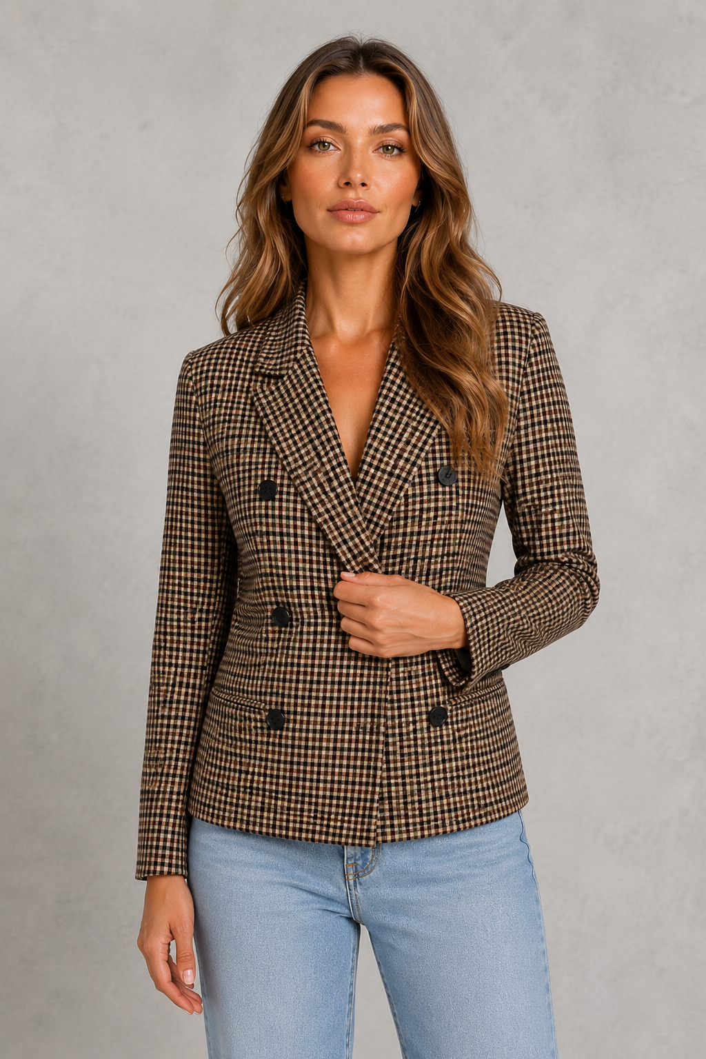 Women’s double-breasted plaid blazer with notched lapels, tailored structured fit, decorative buttons, and front flap pockets.