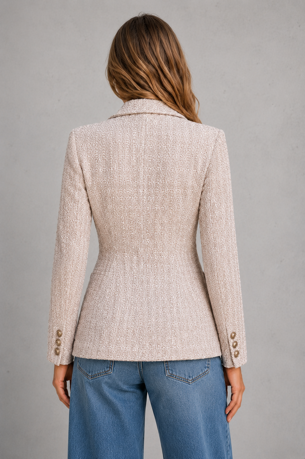 Women’s double-breasted tweed blazer with textured fabric, gold-tone buttons, classic notched lapels, and a structured tailored silhouette.