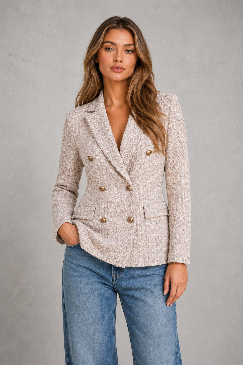 Women’s double-breasted tweed blazer with textured fabric, gold-tone buttons, classic notched lapels, and a structured tailored silhouette.