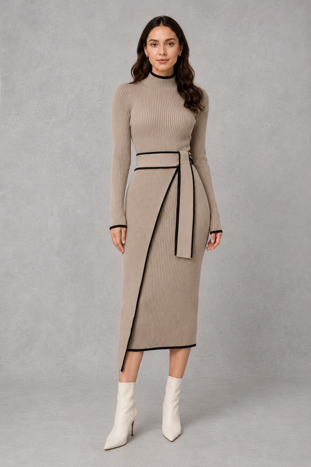 Women’s draped bodycon knit midi dress with a fitted silhouette and softly gathered detailing for an elegant, figure-flattering look.