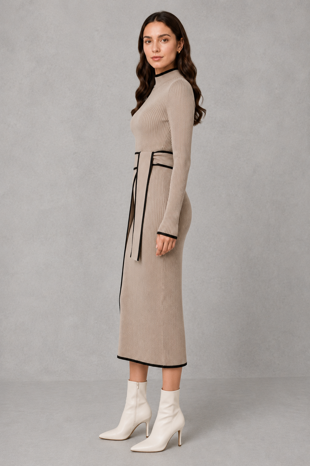 Women’s draped bodycon knit midi dress with a fitted silhouette and softly gathered detailing for an elegant, figure-flattering look.