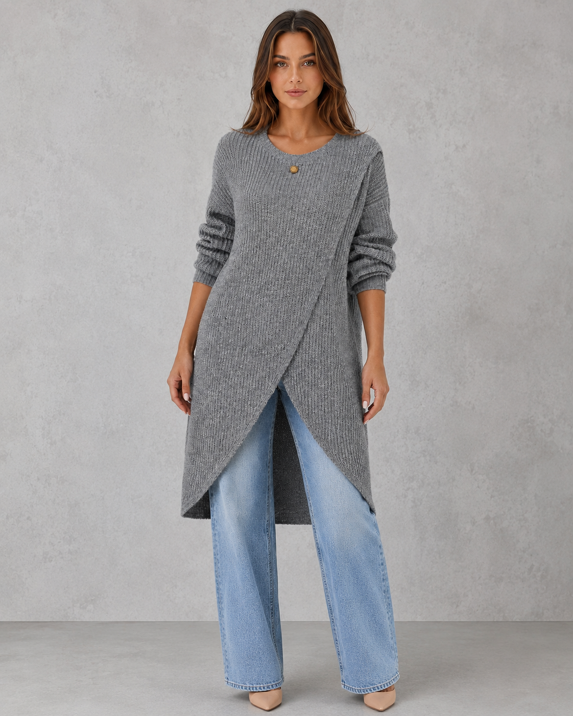 Women's soft luxury knit top with an elegant draped neckline, relaxed fit, and sophisticated silhouette for effortless day-to-evening styling.