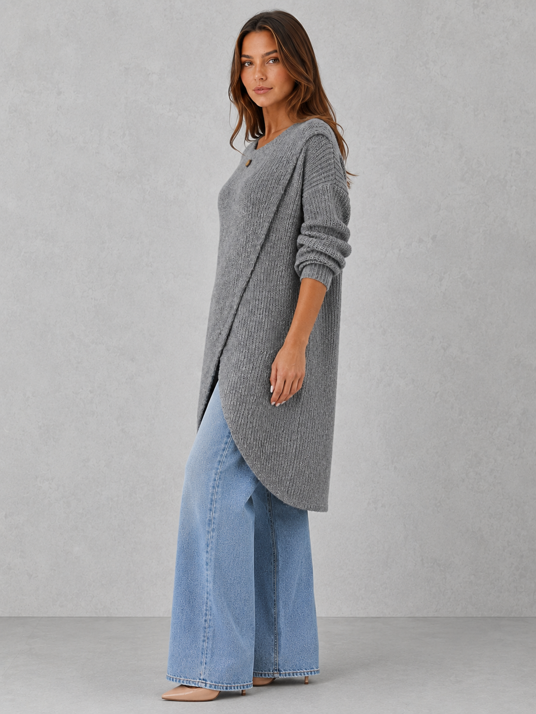 Women's soft luxury knit top with an elegant draped neckline, relaxed fit, and sophisticated silhouette for effortless day-to-evening styling.