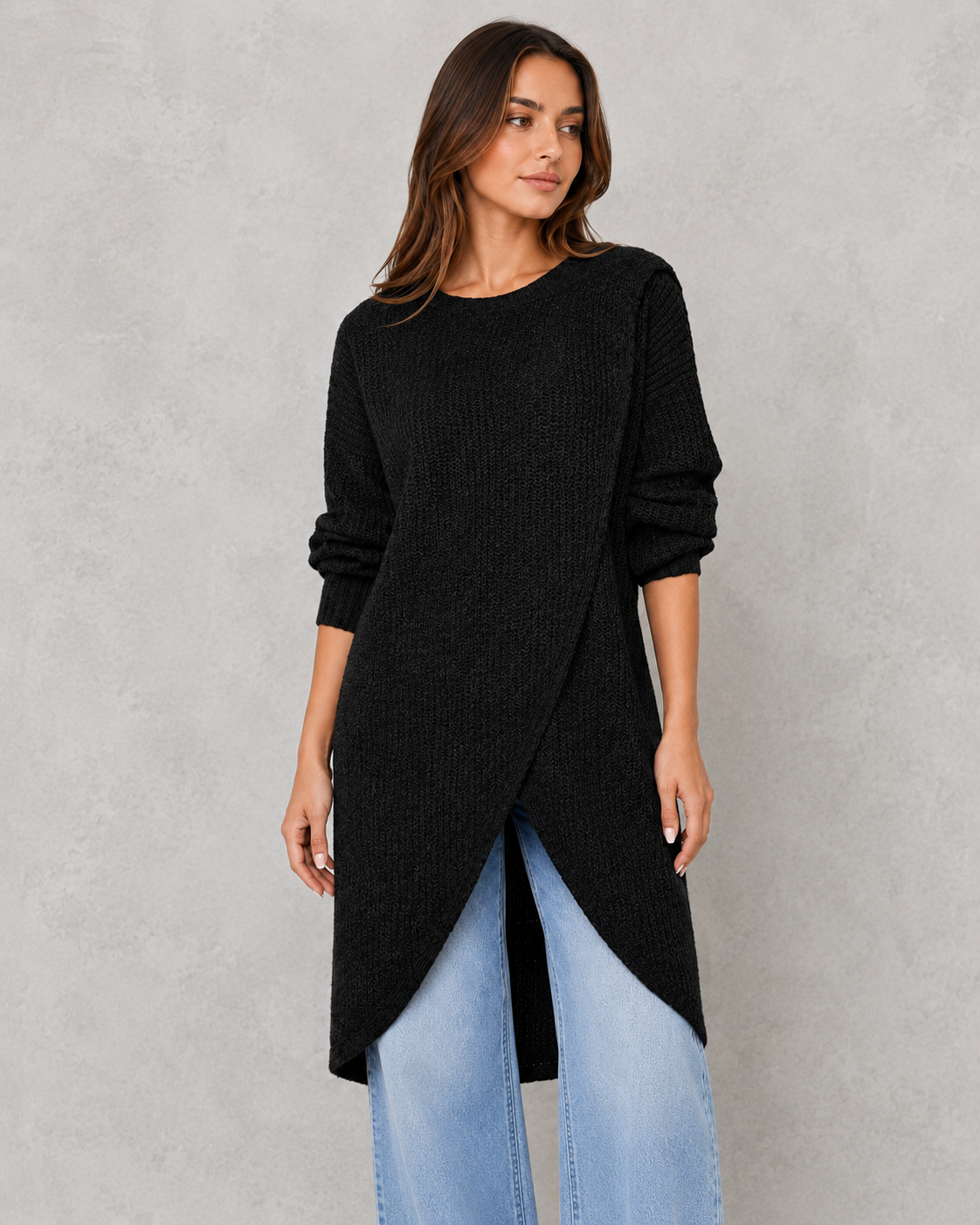 Women's soft luxury knit top with an elegant draped neckline, relaxed fit, and sophisticated silhouette for effortless day-to-evening styling.