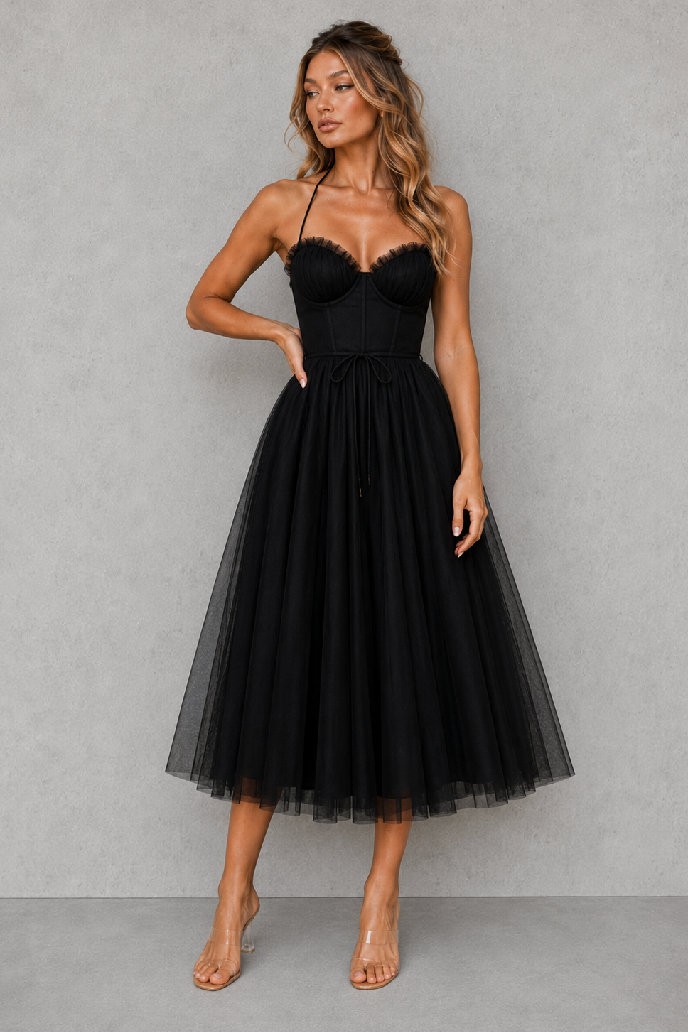 Women’s elegant wedding guest midi dress featuring a sculpted silhouette, regular fit, and clean structured design made from lightweight breathable fabric for special occasions and versatile styling.