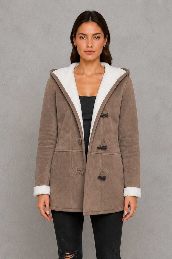 Women’s fleece-lined hooded toggle coat with a soft warm interior, practical hood, classic toggle fastenings, and comfortable regular-fit silhouette.