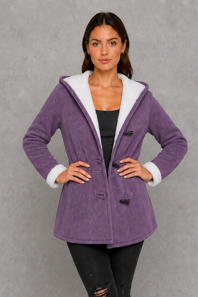 Women’s fleece-lined hooded toggle coat with a soft warm interior, practical hood, classic toggle fastenings, and comfortable regular-fit silhouette.