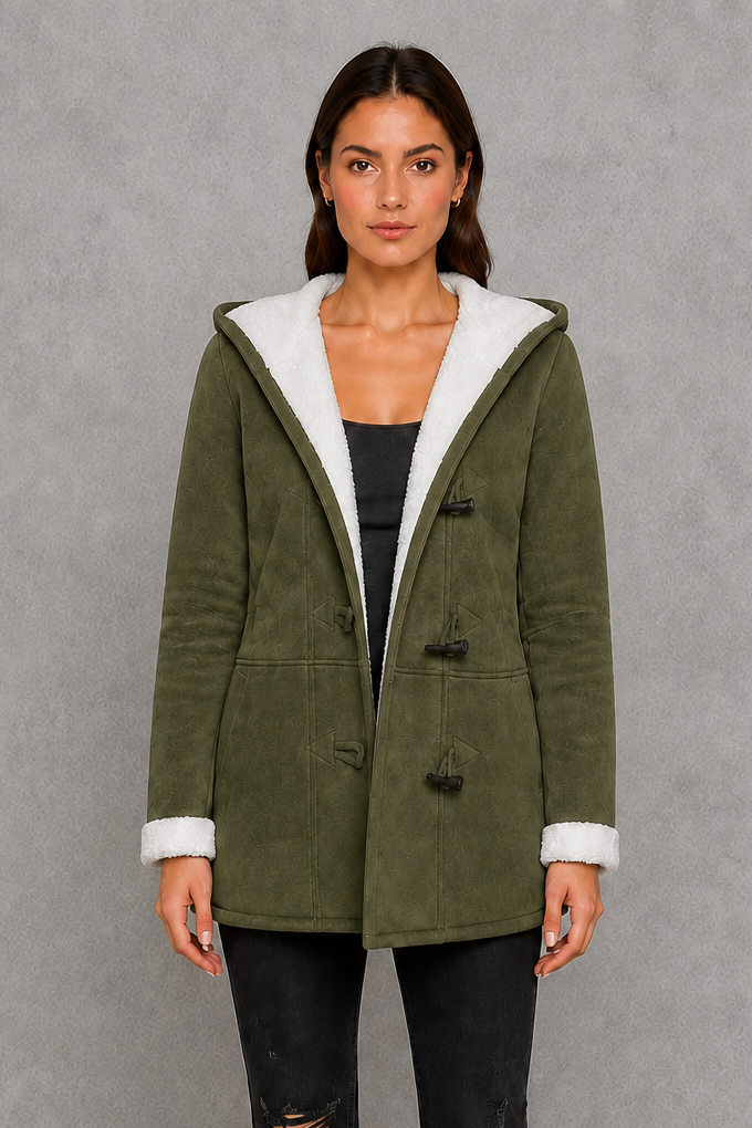 Women’s fleece-lined hooded toggle coat with a soft warm interior, practical hood, classic toggle fastenings, and comfortable regular-fit silhouette.