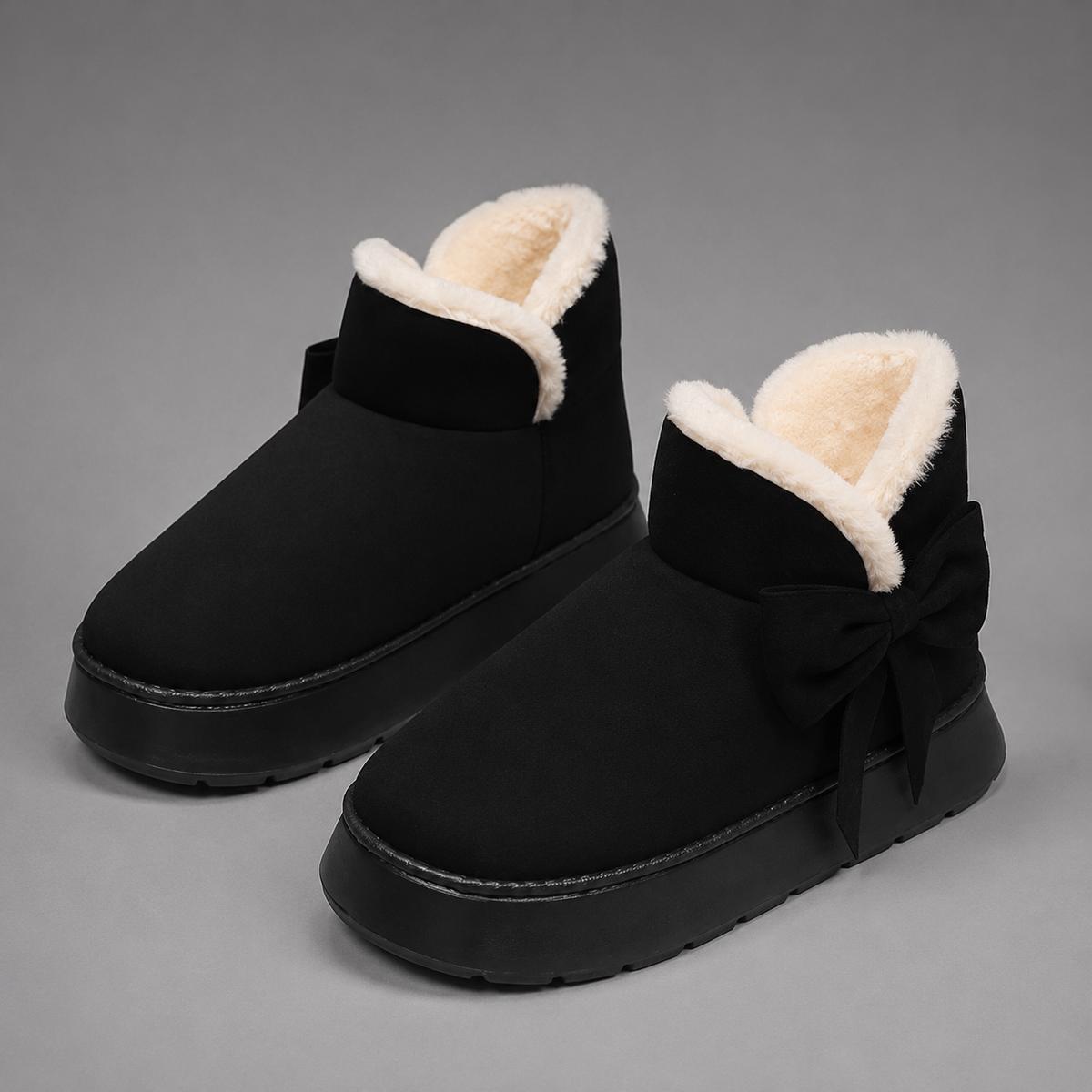 Women’s fleece-lined slipper boots with a soft faux suede upper, plush lining, side bow detail, cushioned platform sole, and slip-on design.