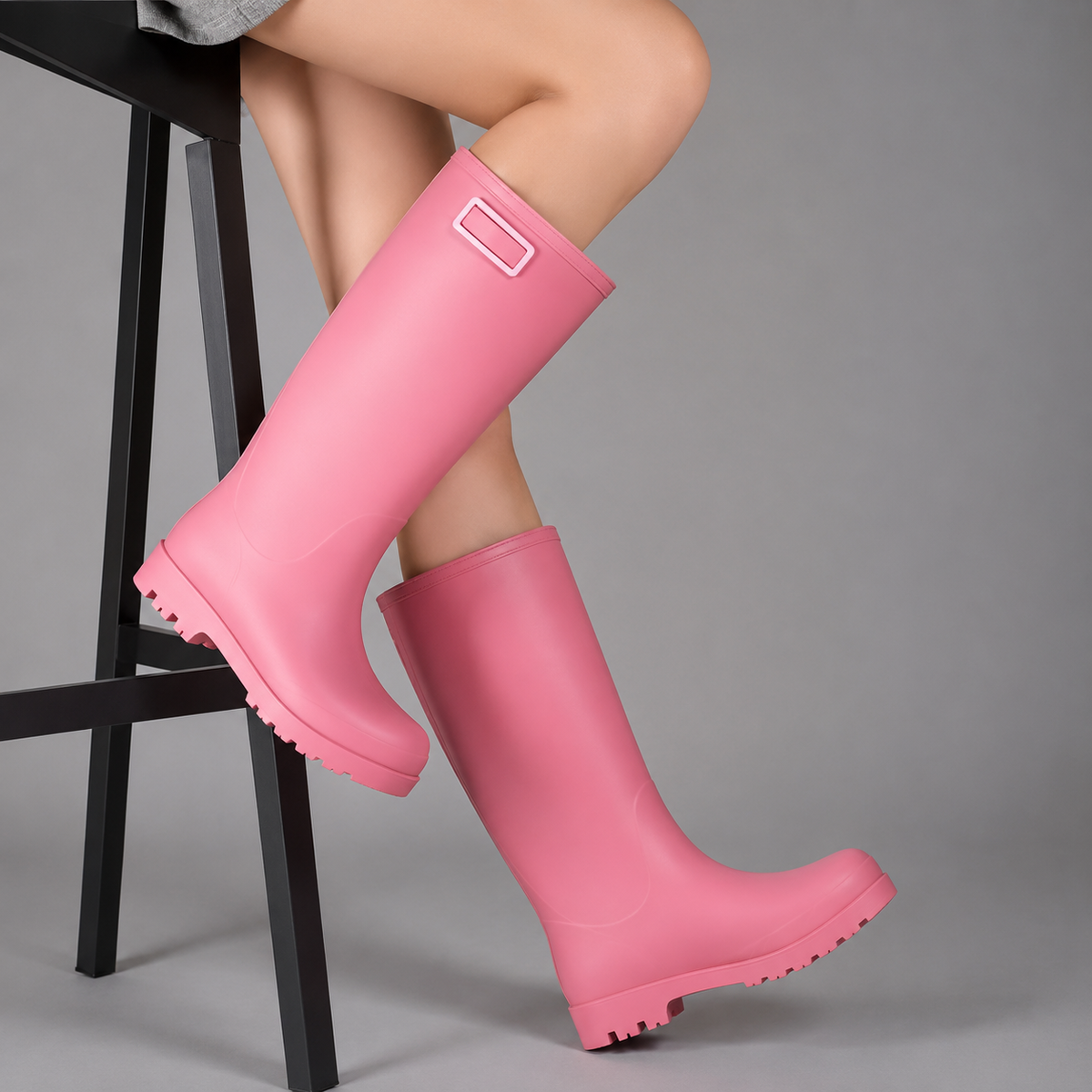 Women’s fleece-lined waterproof rain boots with tall PVC construction, a roomy round toe and deep-tread slip-resistant outsole.