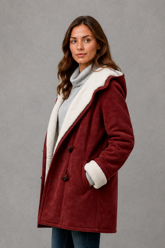 Women’s fleece-lined winter coat with a soft cozy interior, flattering feminine silhouette, comfortable fit, and clean minimalist cold-weather design.