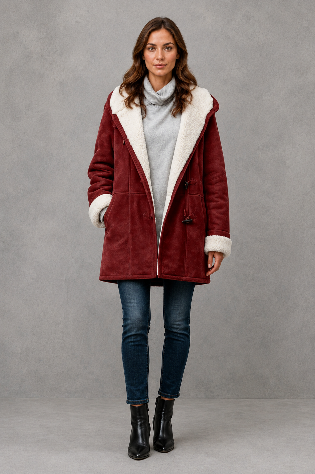 Women’s fleece-lined winter coat with a soft cozy interior, flattering feminine silhouette, comfortable fit, and clean minimalist cold-weather design.