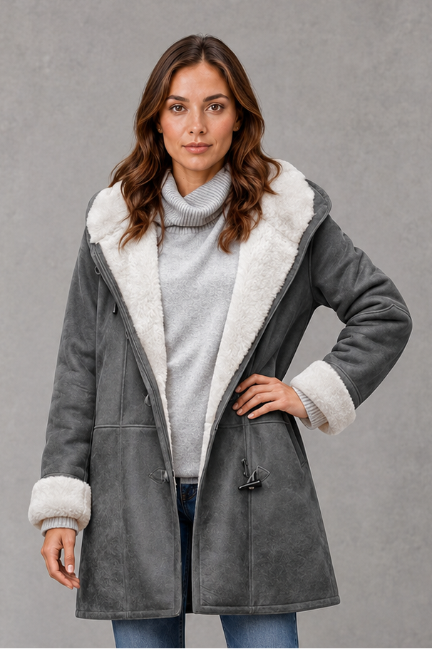 Women’s fleece-lined winter coat with a soft cozy interior, flattering feminine silhouette, comfortable fit, and clean minimalist cold-weather design.