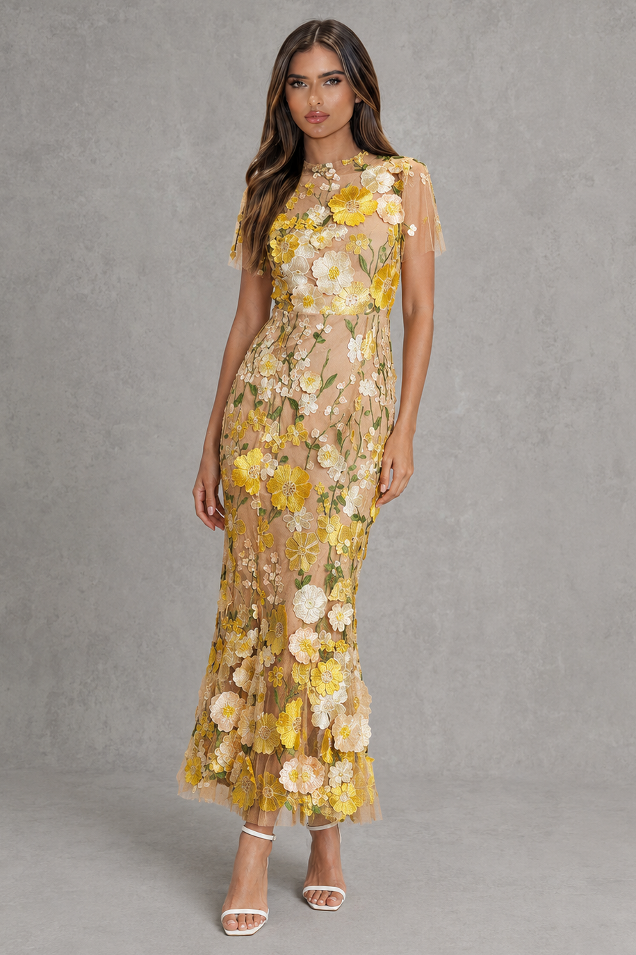 Women’s floral appliqué midi dress with elegant high neckline, sheer long sleeves, fitted silhouette and flared hem for wedding and occasion wear.