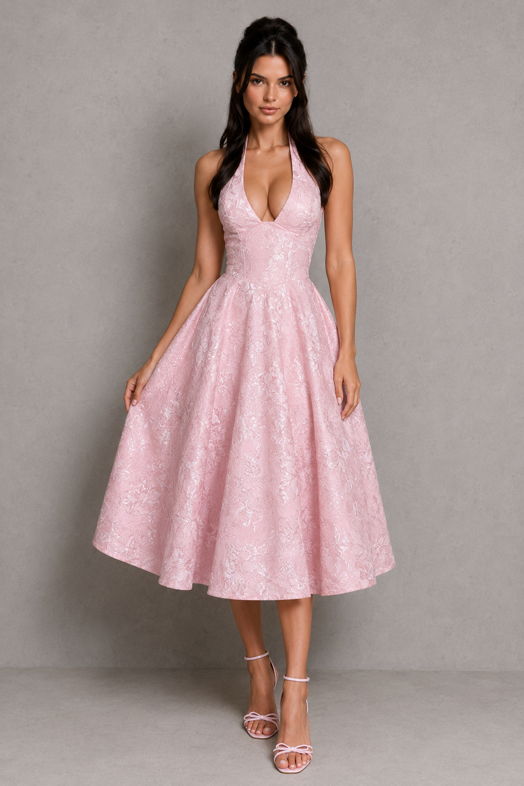 Women's floral jacquard halter midi dress with a structured boned corset bodice, plunge neckline, lace-up back, and full tulle-lined skirt, designed for elegant party wear, weddings, and special occasions.