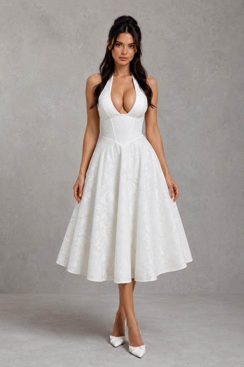 Women's floral jacquard halter midi dress with a structured boned corset bodice, plunge neckline, lace-up back, and full tulle-lined skirt, designed for elegant party wear, weddings, and special occasions.