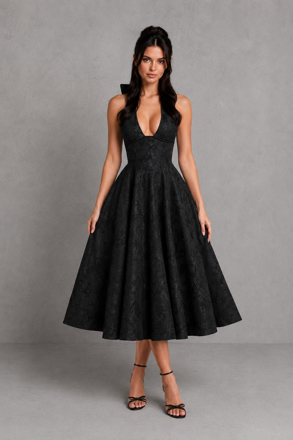 Women's floral jacquard halter midi dress with a structured boned corset bodice, plunge neckline, lace-up back, and full tulle-lined skirt, designed for elegant party wear, weddings, and special occasions.