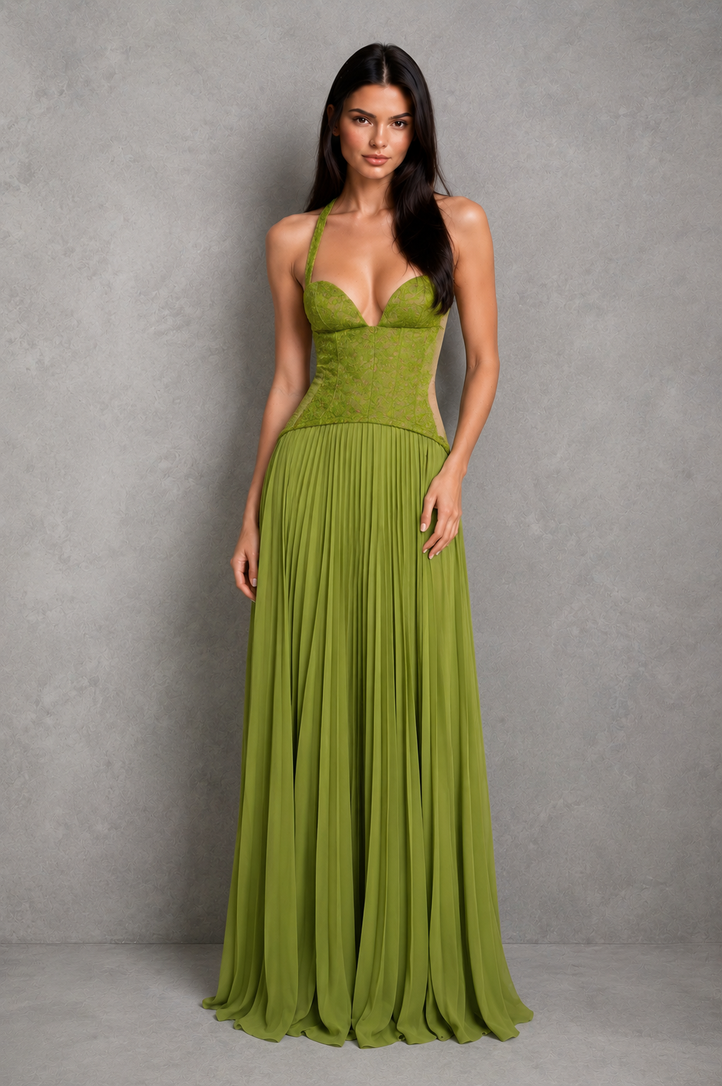 Floral lace corset maxi dress with sweetheart neckline, halter strap, fitted bodice, and flowing pleated skirt for formal occasions.