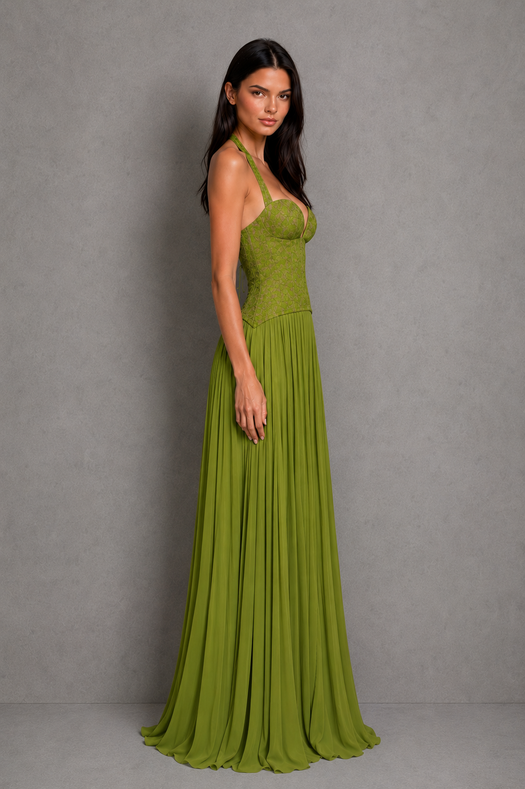 Floral lace corset maxi dress with sweetheart neckline, halter strap, fitted bodice, and flowing pleated skirt for formal occasions.