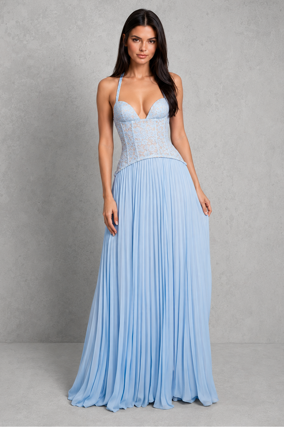 Floral lace corset maxi dress with sweetheart neckline, halter strap, fitted bodice, and flowing pleated skirt for formal occasions.