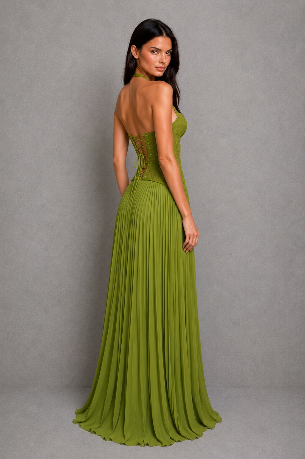 Floral lace corset maxi dress with sweetheart neckline, halter strap, fitted bodice, and flowing pleated skirt for formal occasions.