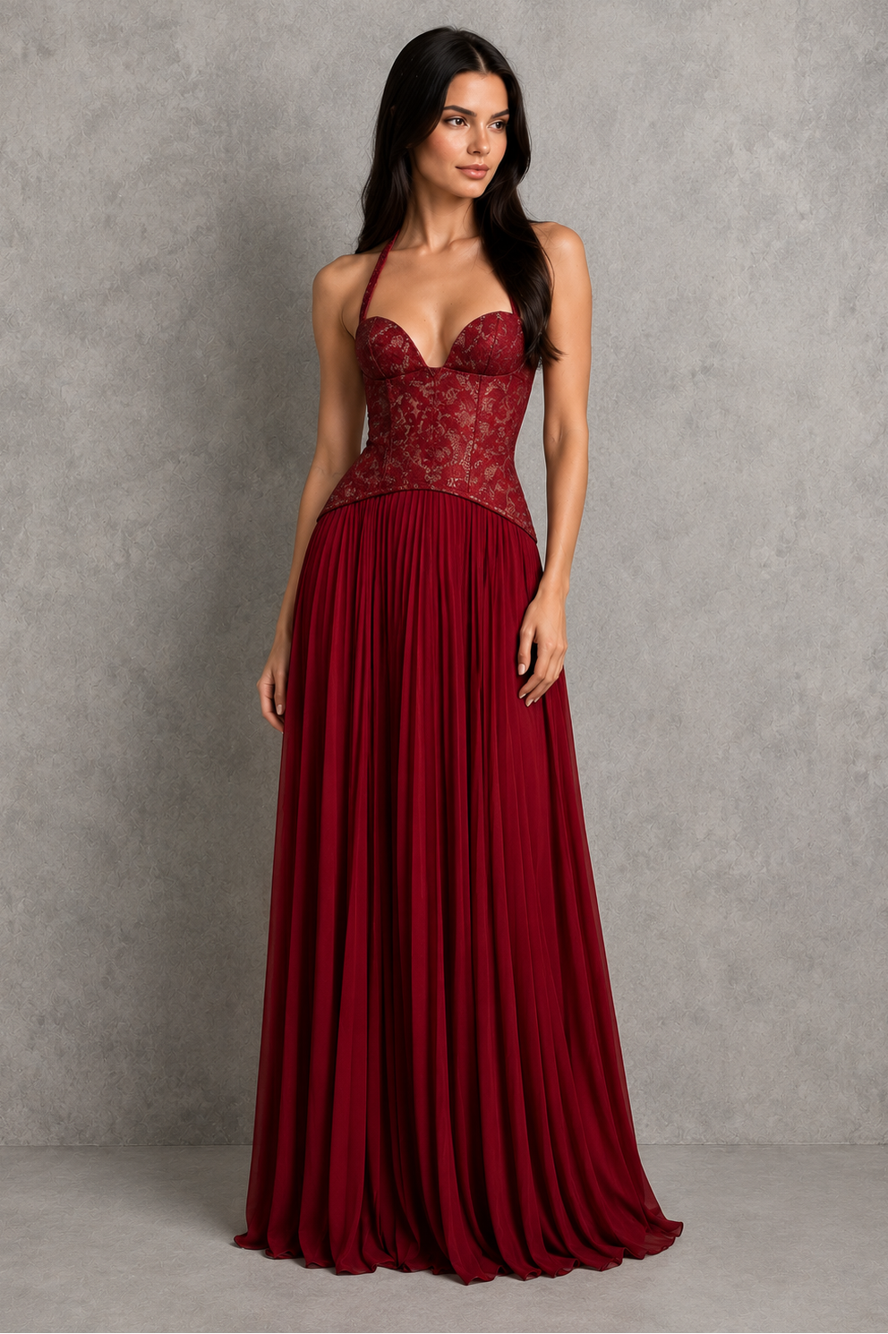 Floral lace corset maxi dress with sweetheart neckline, halter strap, fitted bodice, and flowing pleated skirt for formal occasions.