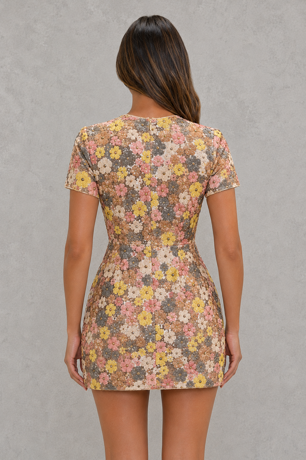Women’s floral print mini dress with a fitted bodice, concealed back zipper, and softly flared skirt for a feminine silhouette.