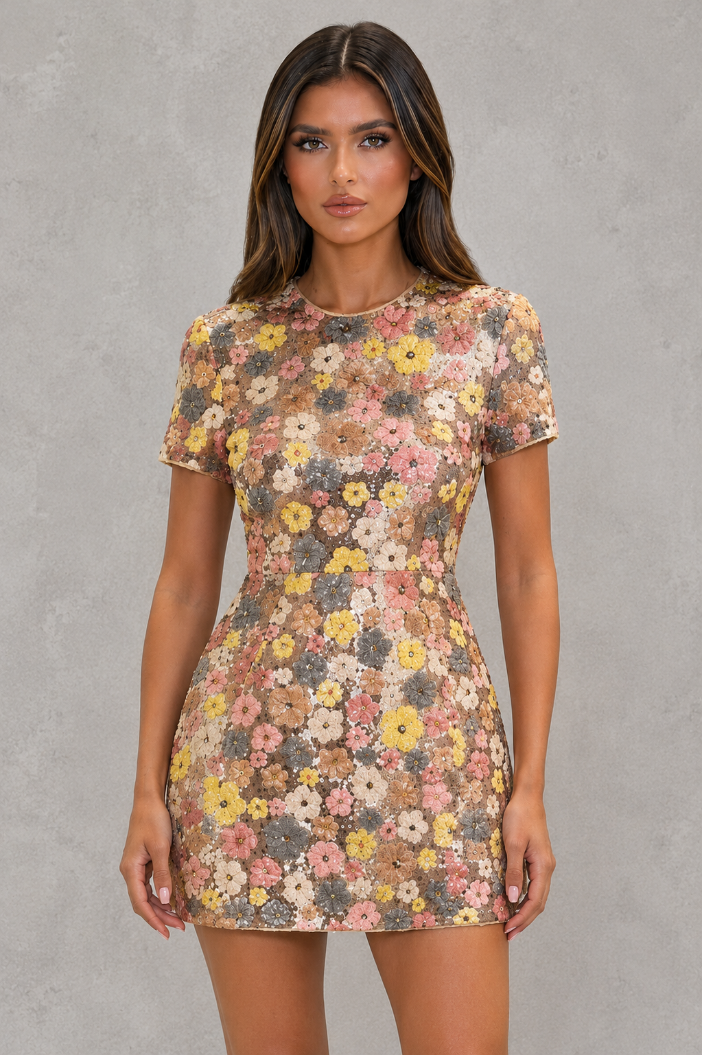 Women’s floral print mini dress with a fitted bodice, concealed back zipper, and softly flared skirt for a feminine silhouette.