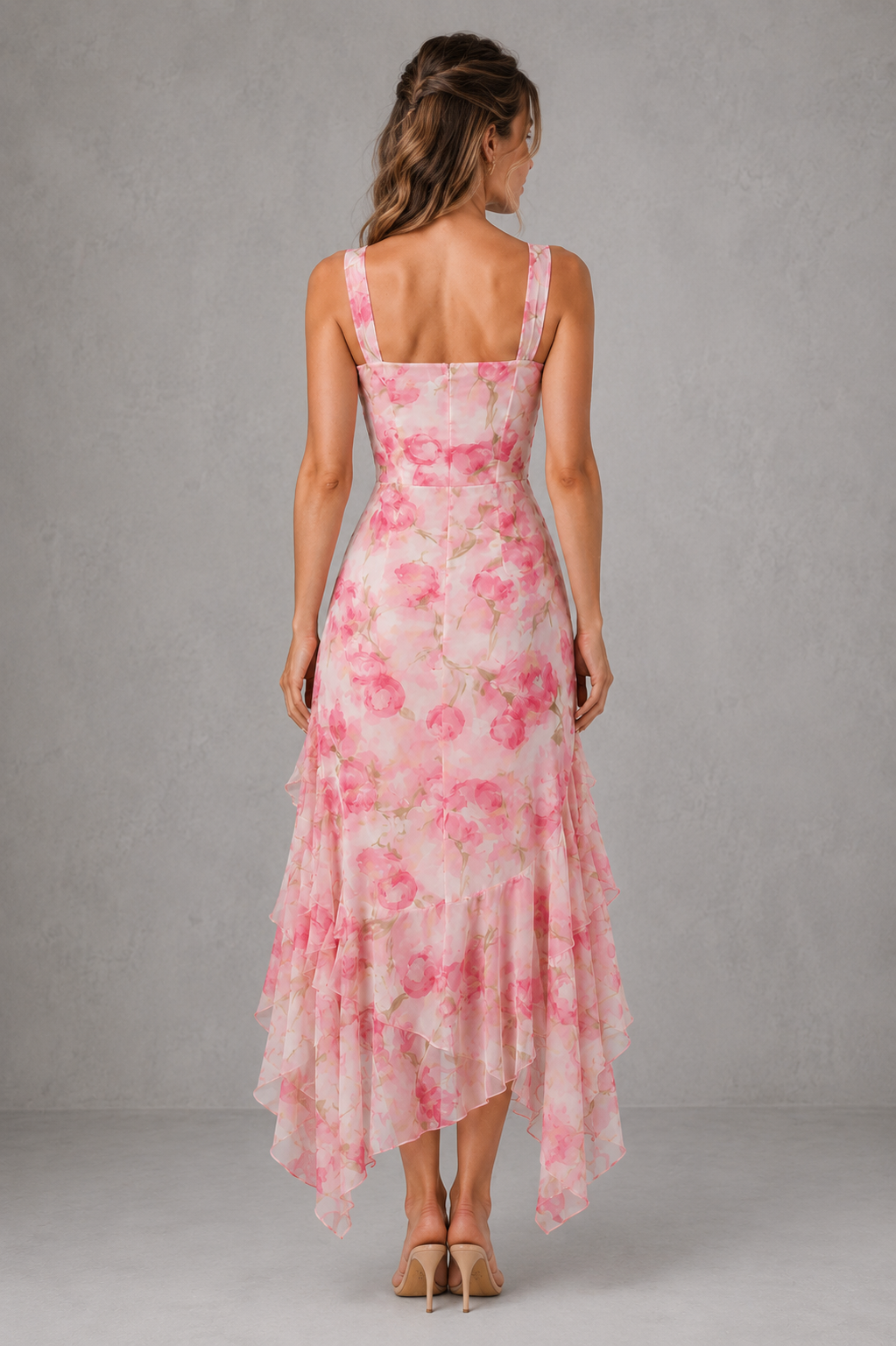 Women's floral ruched maxi dress with soft pink floral print, rose appliqué accents, adjustable straps, cascading asymmetric ruffle hem, and a figure-skimming silhouette for weddings and special occasions.
