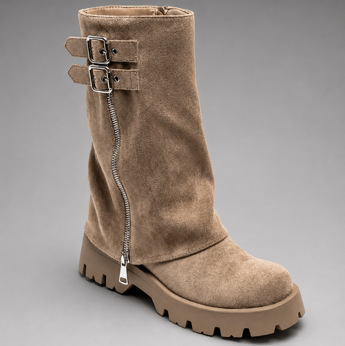 Women’s genuine leather knee-high biker boots with a supple leather upper, long external zipper, double buckle accents, and sturdy sole.