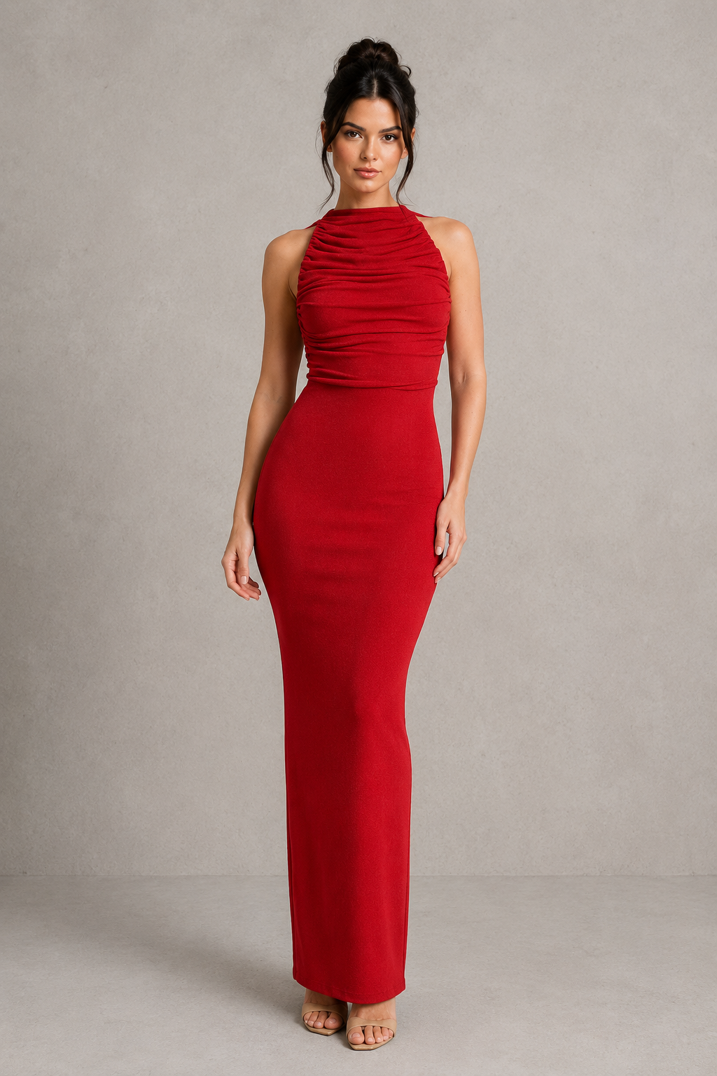 Women's high neck jersey maxi dress with ruched detailing, figure-hugging silhouette, and high-shine double-layered stretch fabric for elegant evening and formal occasions.