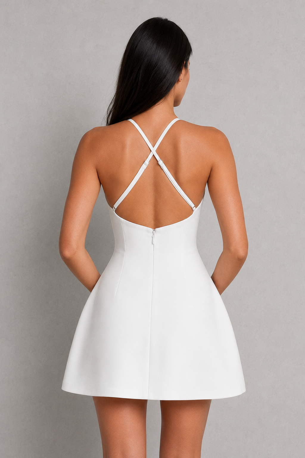 Women's high neck mini dress with a fitted crepe bodice, defined waist, voluminous bubble skirt, adjustable crossover back straps, and sculpted seam detailing for parties and special occasions.