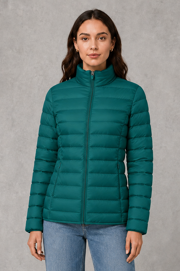 Women’s high neck quilted puffer jacket with horizontal quilting, lightweight insulated padding, zip-front closure, practical pockets, and a streamlined silhouette.