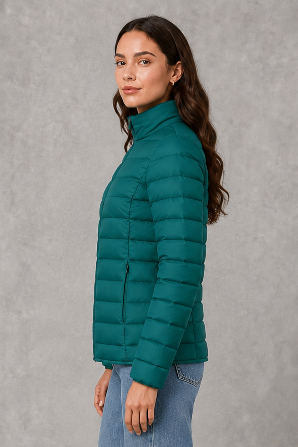 Women’s high neck quilted puffer jacket with horizontal quilting, lightweight insulated padding, zip-front closure, practical pockets, and a streamlined silhouette.