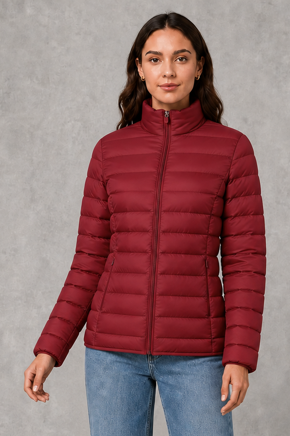 Women’s high neck quilted puffer jacket with horizontal quilting, lightweight insulated padding, zip-front closure, practical pockets, and a streamlined silhouette.
