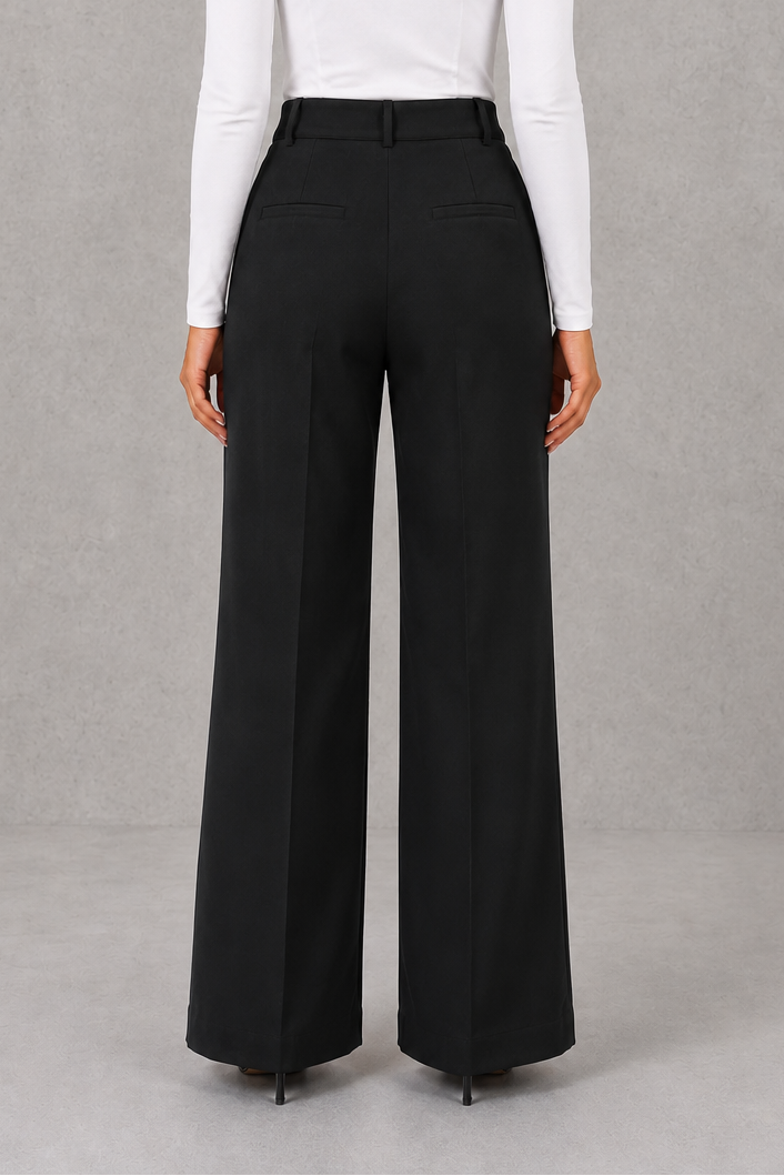 Women’s high-waisted straight-leg pants with a flattering high-rise waist, smooth woven fabric, tailored fit, and clean minimalist silhouette.