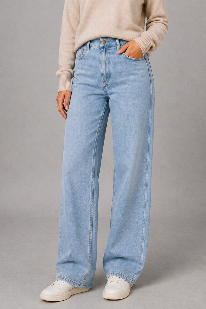 Women’s high-waisted wide-leg jeans with a light wash, high-rise waist, relaxed straight legs, five-pocket design, and classic button-and-zip closure.
