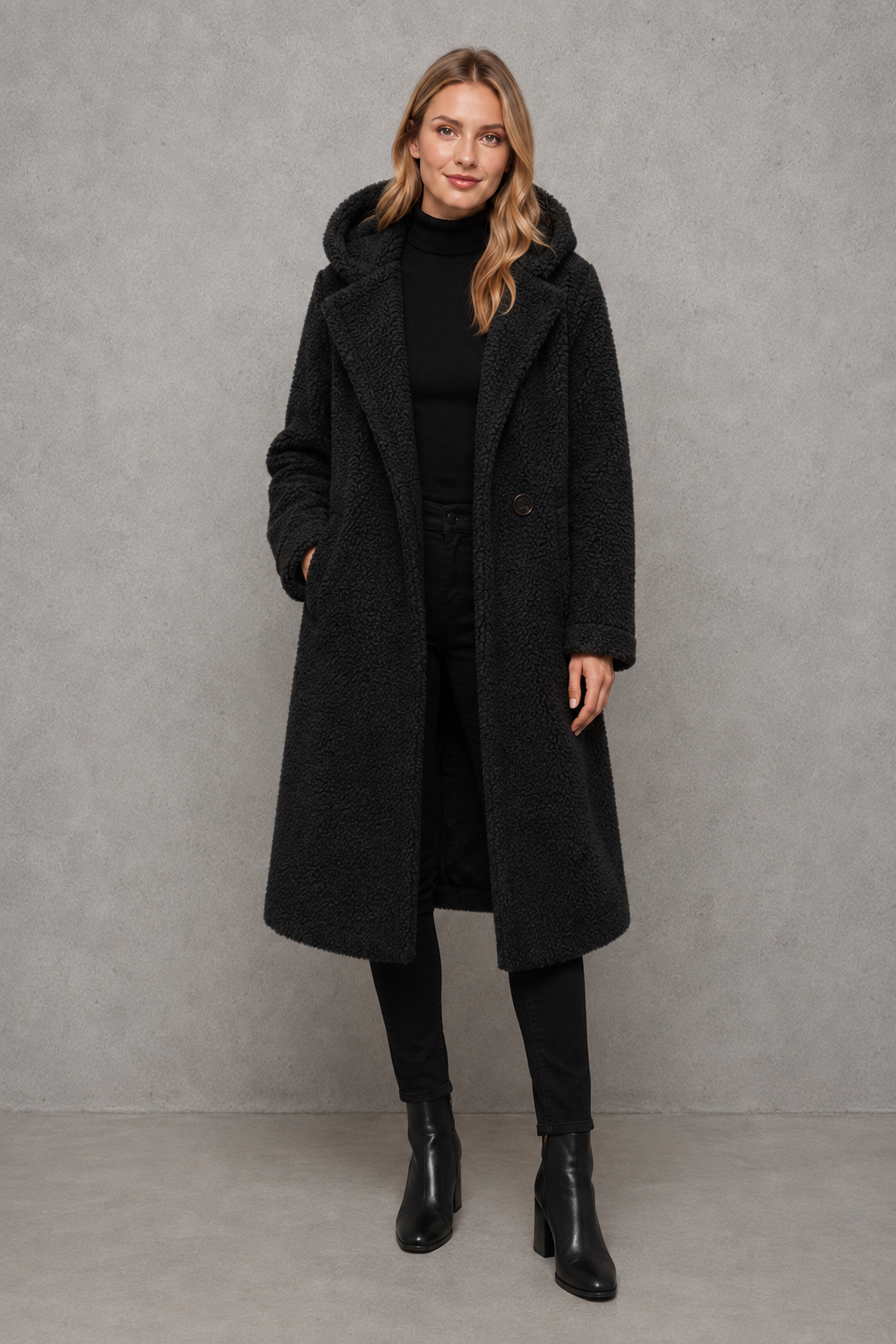 Women’s hooded quilted longline coat with soft insulated padding, a relaxed silhouette, protective hood and deep side pockets.