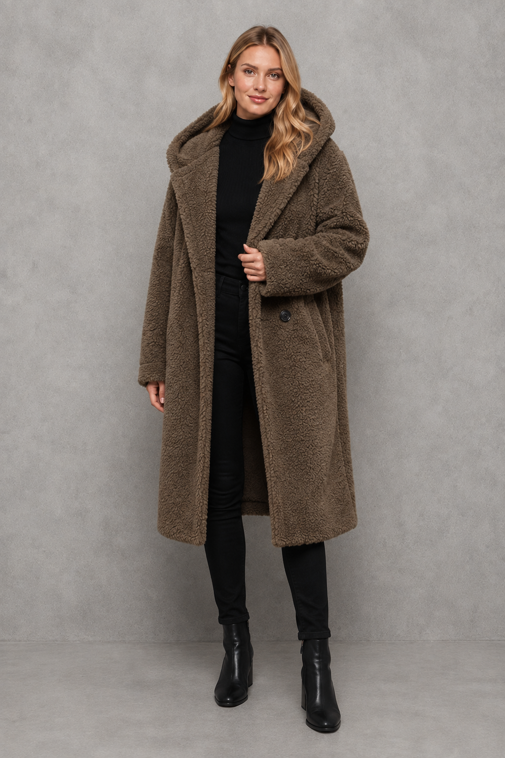 Women’s hooded quilted longline coat with soft insulated padding, a relaxed silhouette, protective hood and deep side pockets.