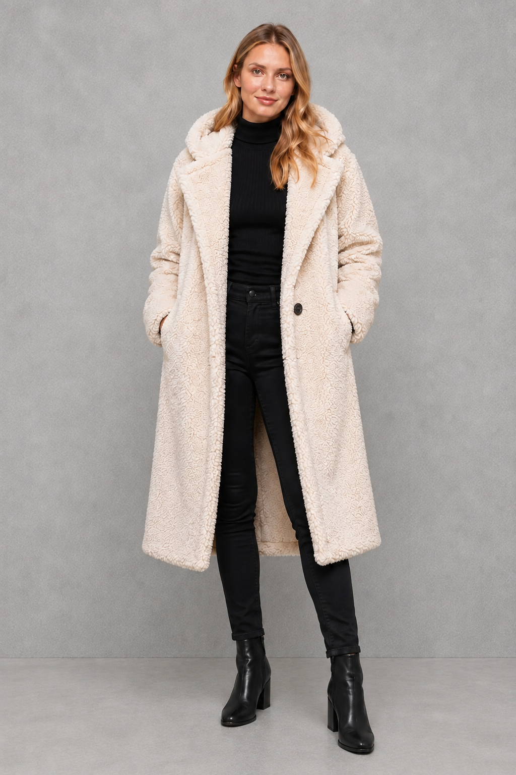 Women’s hooded quilted longline coat with soft insulated padding, a relaxed silhouette, protective hood and deep side pockets.