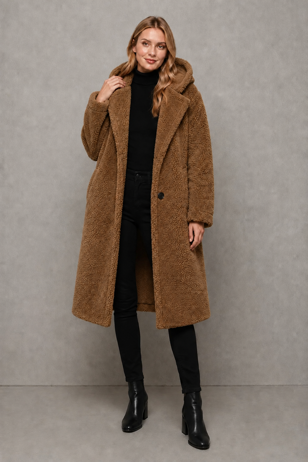 Women’s hooded quilted longline coat with soft insulated padding, a relaxed silhouette, protective hood and deep side pockets.
