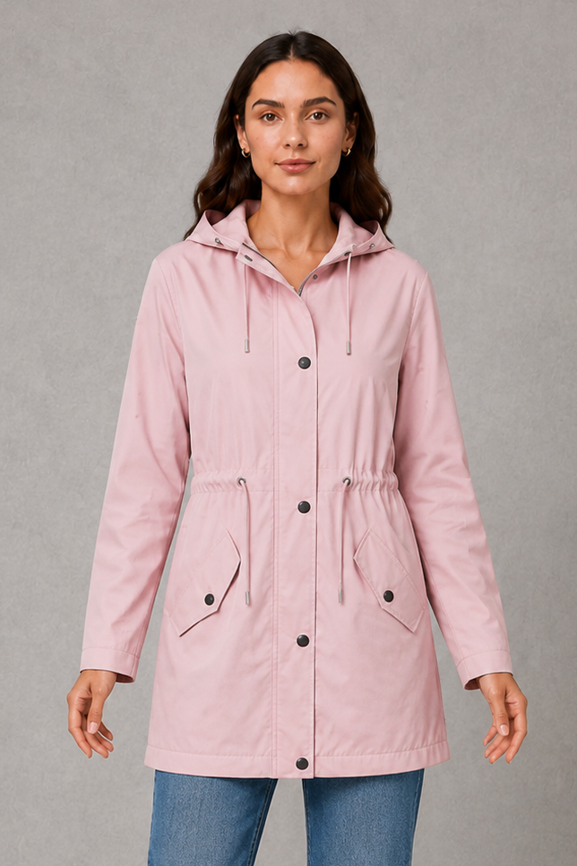 Women’s hooded water-resistant parka with a high collar, adjustable drawstring waist, zip front, snap-button storm flap, and functional flap pockets.