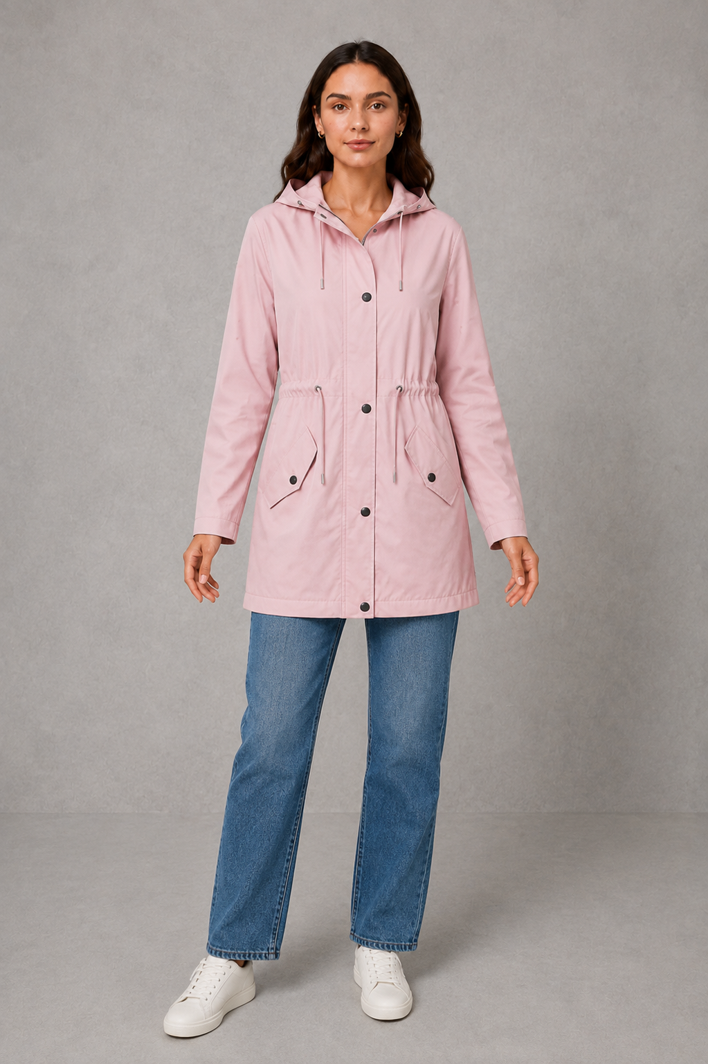 Women’s hooded water-resistant parka with a high collar, adjustable drawstring waist, zip front, snap-button storm flap, and functional flap pockets.