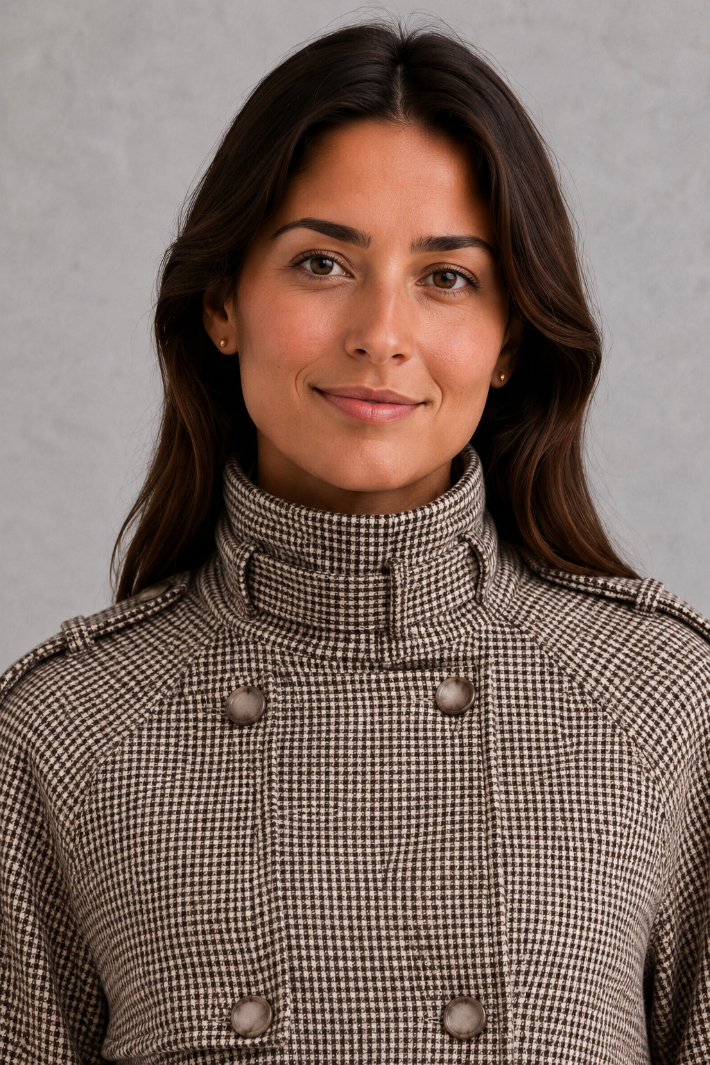 Women’s houndstooth button coat with a classic woven pattern, elegant high neckline, front button detailing, and structured tailored silhouette.