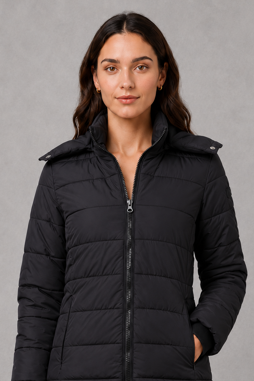 Women’s insulated hooded puffer coat with lightweight padding, protective hood, full-length front zipper, and a streamlined silhouette for cold-weather wear.