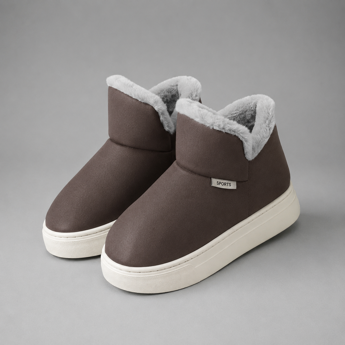 Women’s knee-high wedge snow boots with a smooth PU upper, warm plush lining, round toe, slip-on design, and durable rubber outsole.