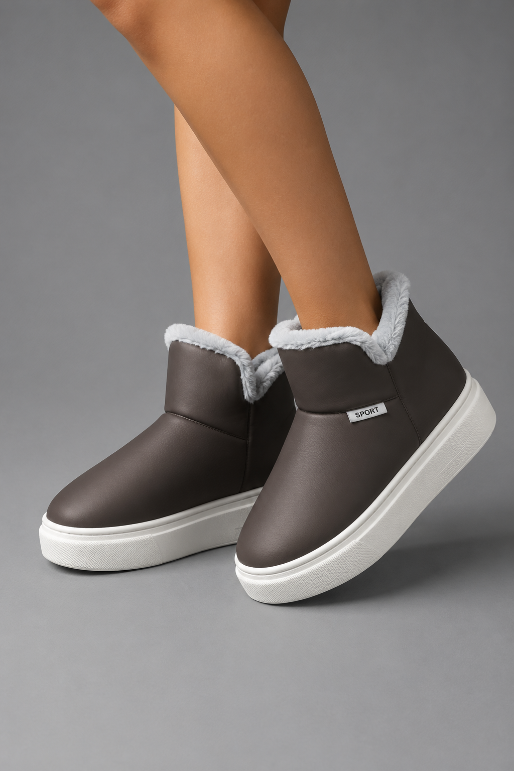 Women’s knee-high wedge snow boots with a smooth PU upper, warm plush lining, round toe, slip-on design, and durable rubber outsole.