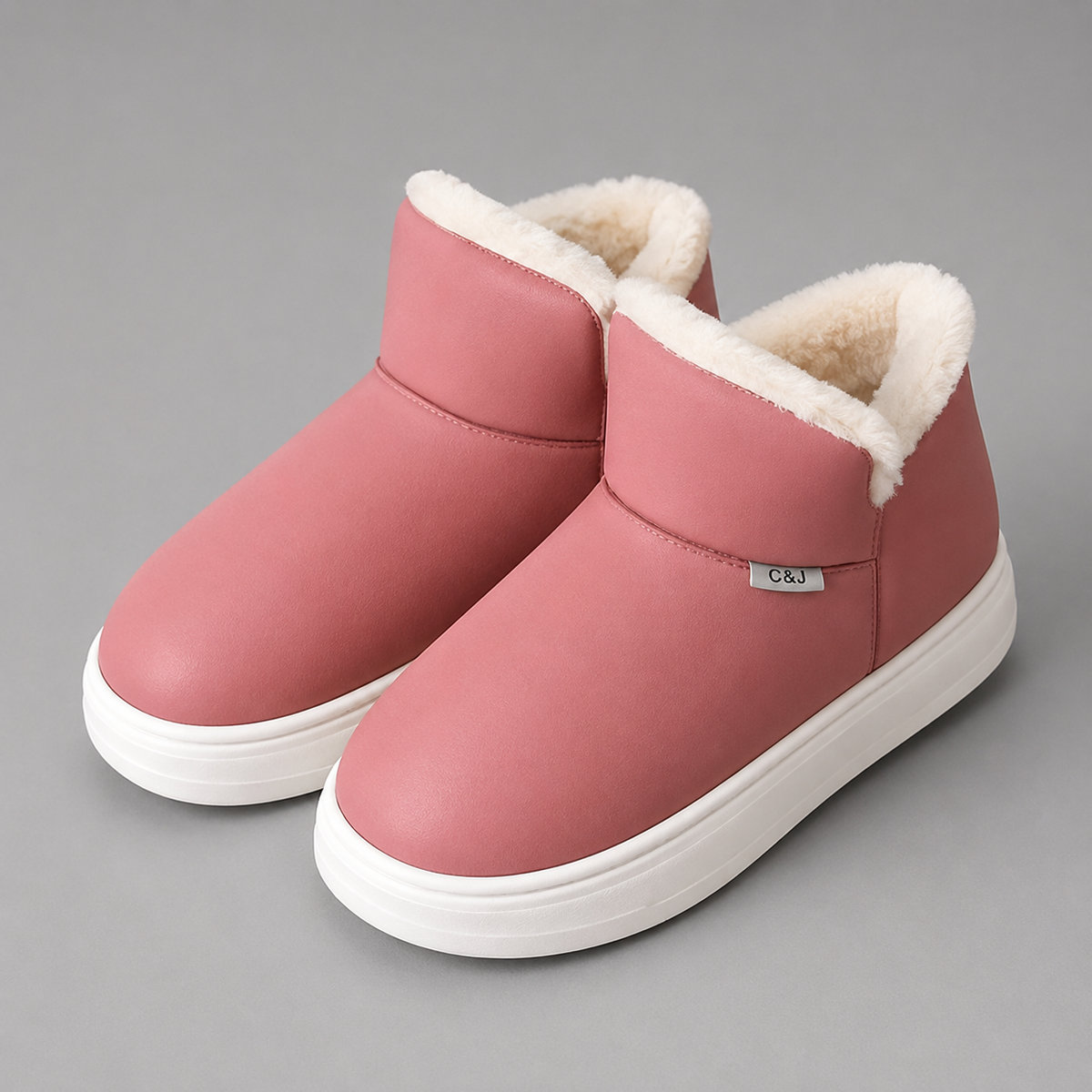 Women’s knee-high wedge snow boots with a smooth PU upper, warm plush lining, round toe, slip-on design, and durable rubber outsole.